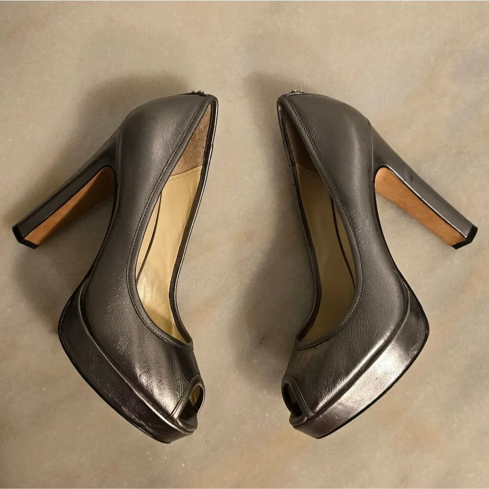 COACH Breana leather peep toe platform heels in pewter metallic 7.5